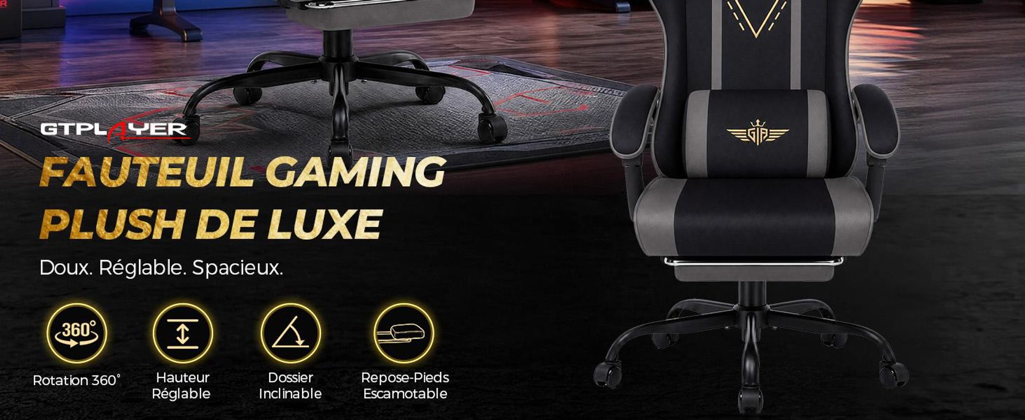 Chaise de gaming GTPLAYER, ergonomique, avec revêtement en tissu, coussin de siège à ressort, accoudoirs réglables et repose-pieds, capacité de poids de 150 kg, couleur : gris