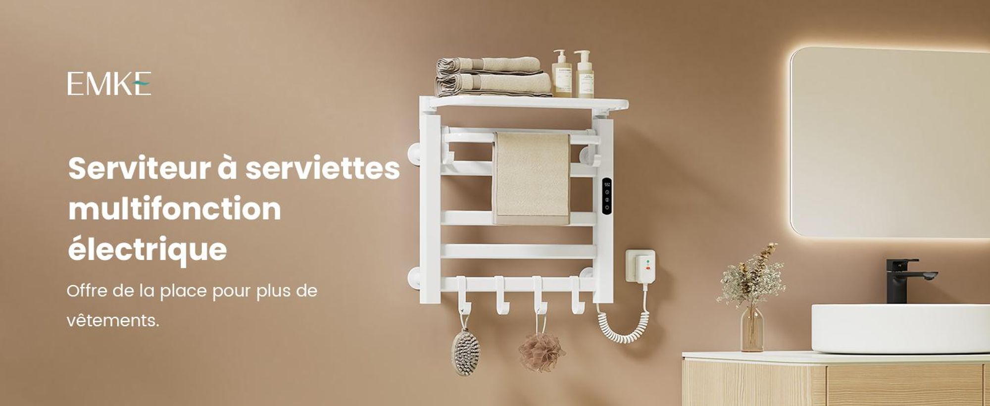 EMKE Sèche-serviettes électrique 1000x500 mm, 280W, double rangée, tubes plats, étagère et crochets, WiFi Tuya Alexa, blanc brillant