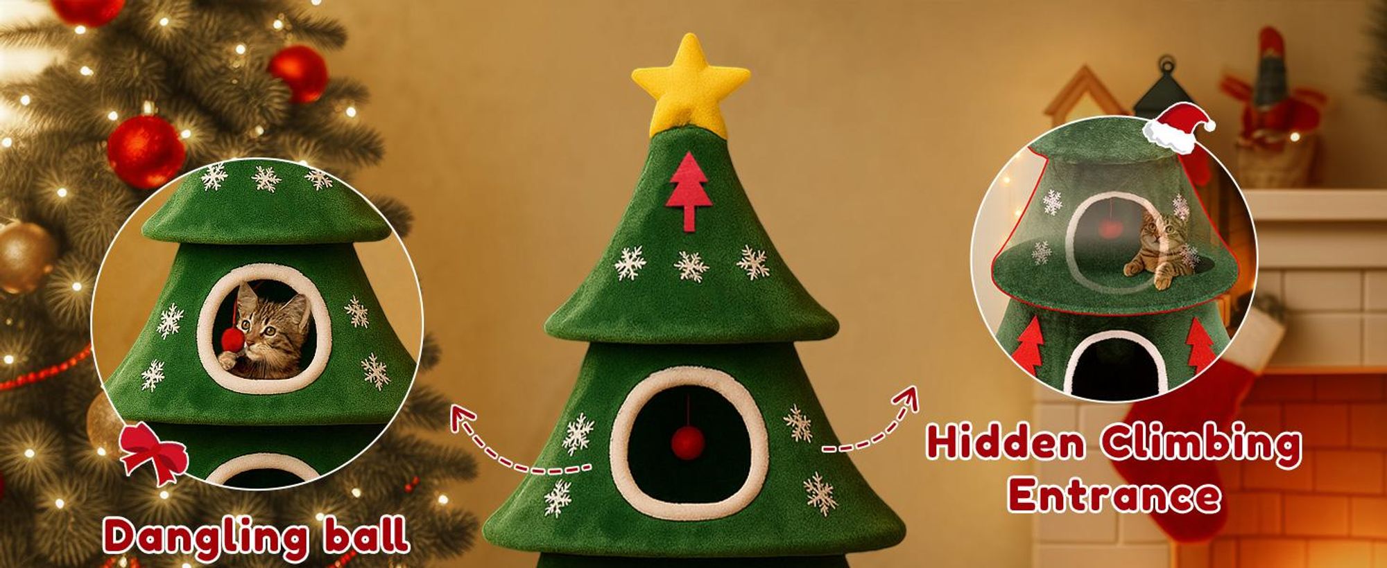 COMHOMA tiragraffi alto 135 cm, design albero di Natale, albero per gatti a più piani con casetta per gatti, con tiragraffi e palla da gioco Stabile albero da arrampicata per gatti
