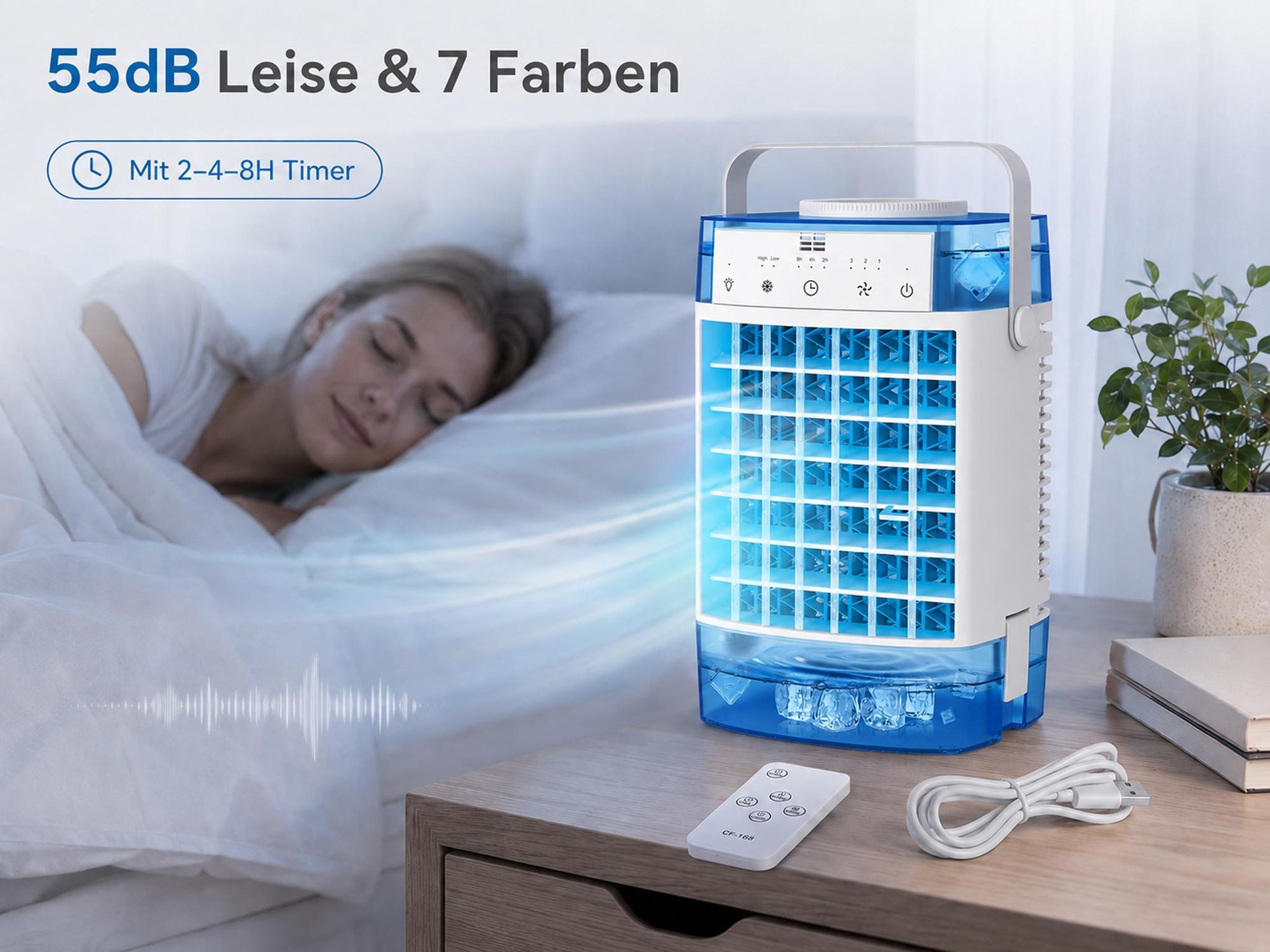 Mini Klimaanlage 4 in 1,Klimagerät Tragbar Leise,Ventilator mit Wasserkühlung 2 Modi 3 Geschwindigkeiten Timer RGB-Licht für Zimmer Camping,Blau