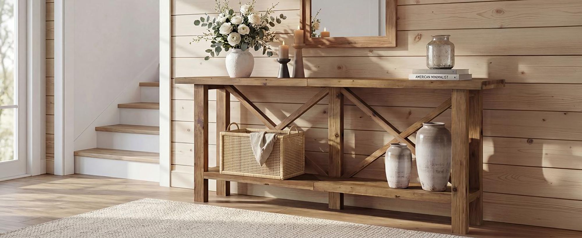 Tribesigns Konsolentisch Massivholz, 180 cm, schmaler Konsolentisch mit Stauraum, 2-stufige Konsole im Landhausstil für Flur, Eingangsbereich, Braun