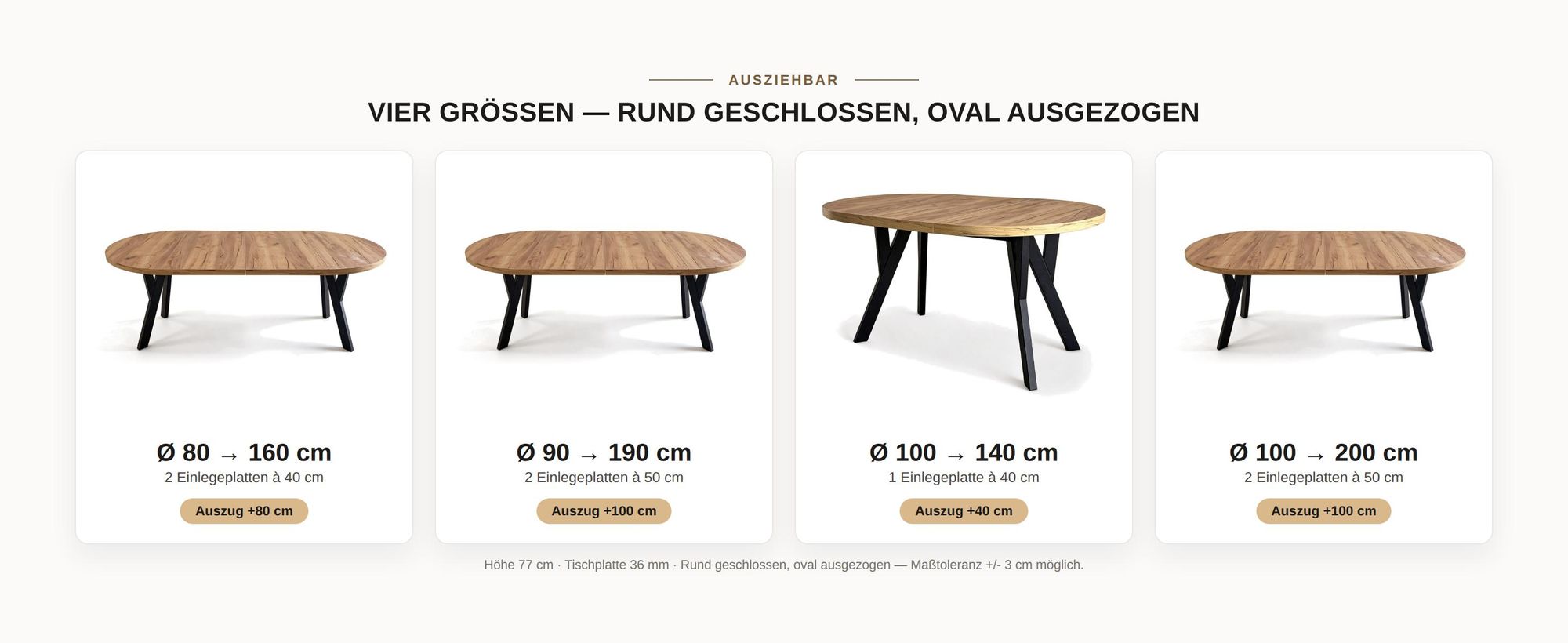 VENASI Esstisch ausziehbar rund 100-200 cm ATO Craft, Auszugstisch mit Einlegeplatte