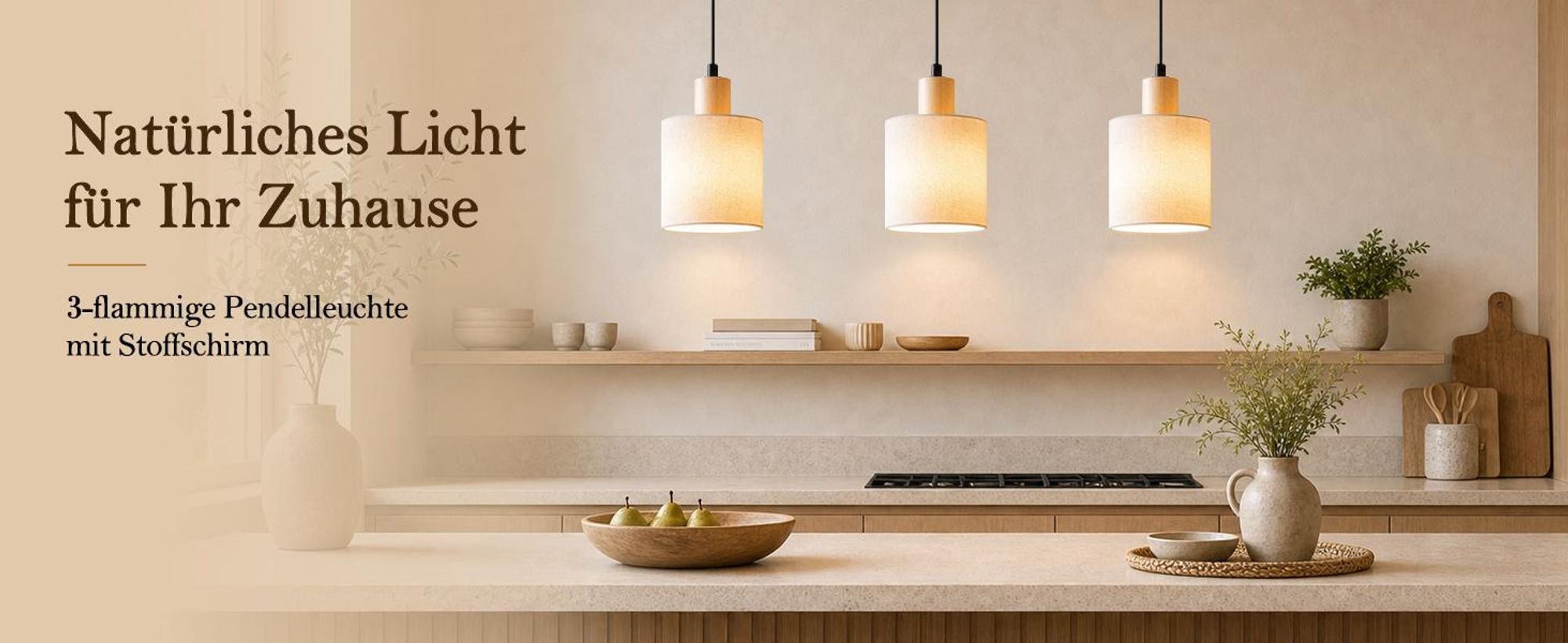 ZMH Hanglamp, houten eettafel lamp, 3-licht, vintage hanglamp met stoffen kap, E14, hanglamp voor woonkamer, restaurant, slaapkamer, keuken, wit