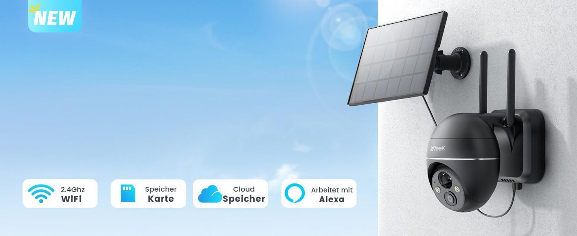 ieGeek WLAN Überwachungskamera Aussen 360° PTZ Solar/Akku Kamera IP65, mit 64GB Karte