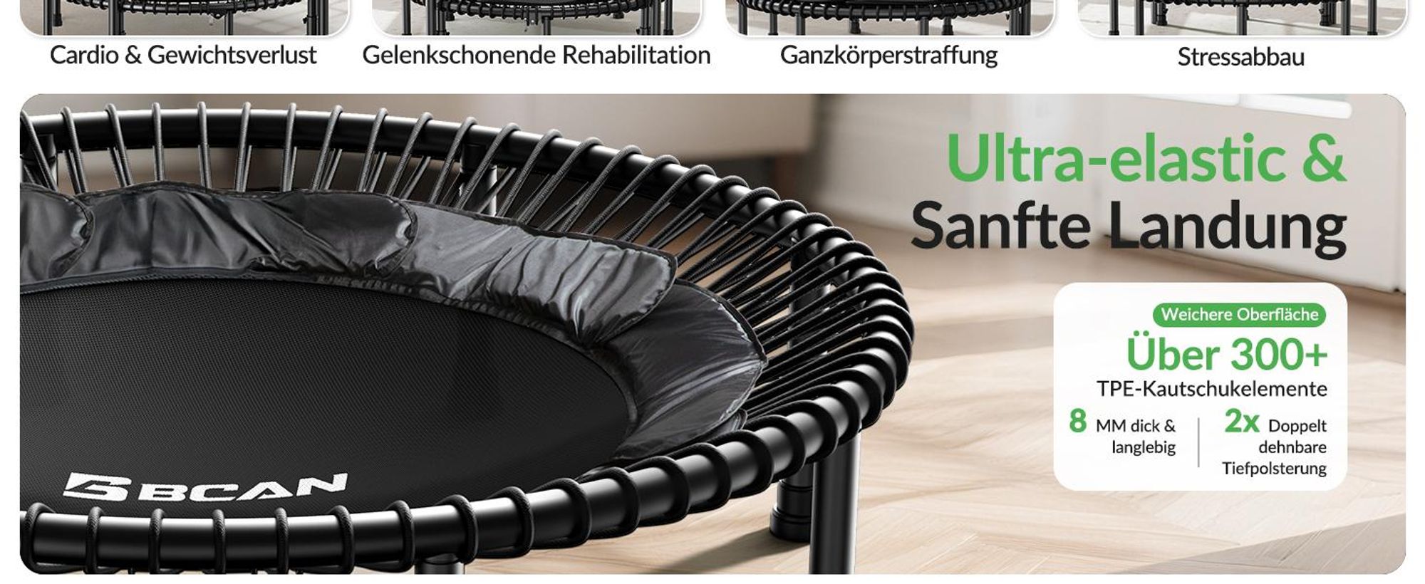 BCAN 48“ Rebounder-Trampolin für Erwachsene, 226 kg Tragkraft, Bungee-Seilen, Verstellbarer Griff, stabil, leise, Innen/außen, Ganzkörpertraining