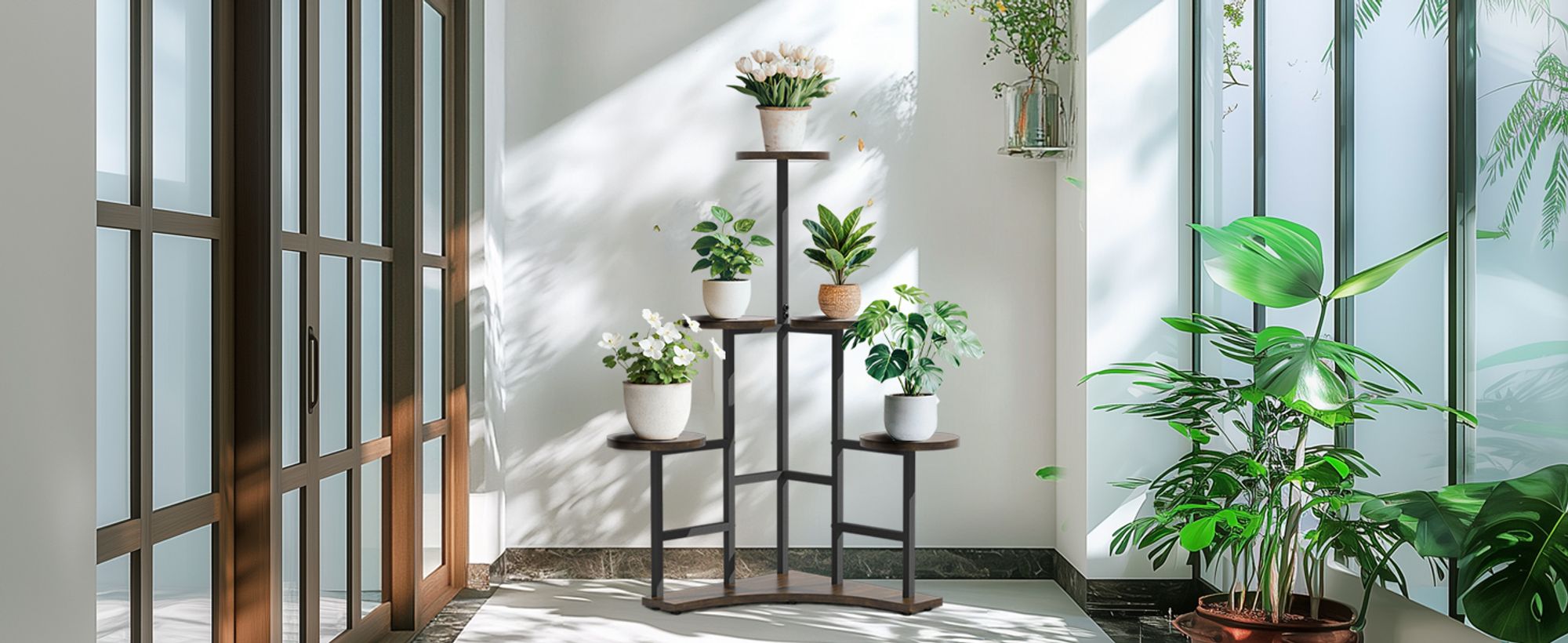 unho Blumentreppe 6 Ebenen, Blumenständer Indoor, Ecke Pflanzenregal Blumenregal Pflanzenständer Metall für Balkon, Garten, rustikal, 50 x 108cm