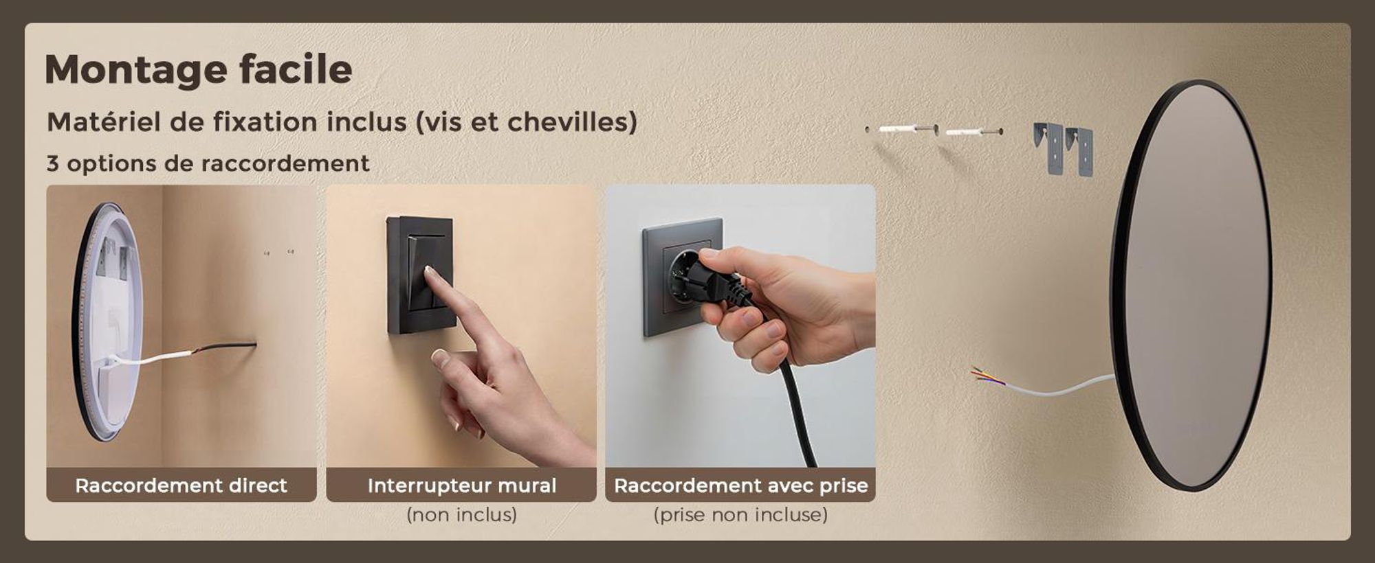 S'AFIELINA Miroir Salle de Bain LED Rond 80 cm avec Éclairage, Cadre Noir, 3 températures de couleur, variateur, antibuée, horloge & température