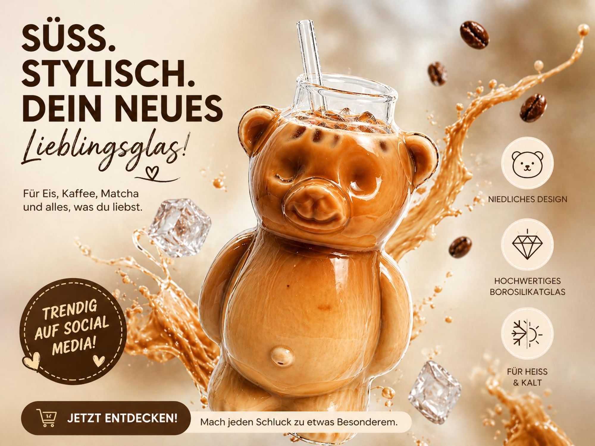 Bärenglas mit Strohhalm 340ml – Süßer Glas Becher in Bärenform – Eiskaffee Becher, Matcha Glas, Cocktailglas – Trinkglas Kawaii Design Geschenkidee
