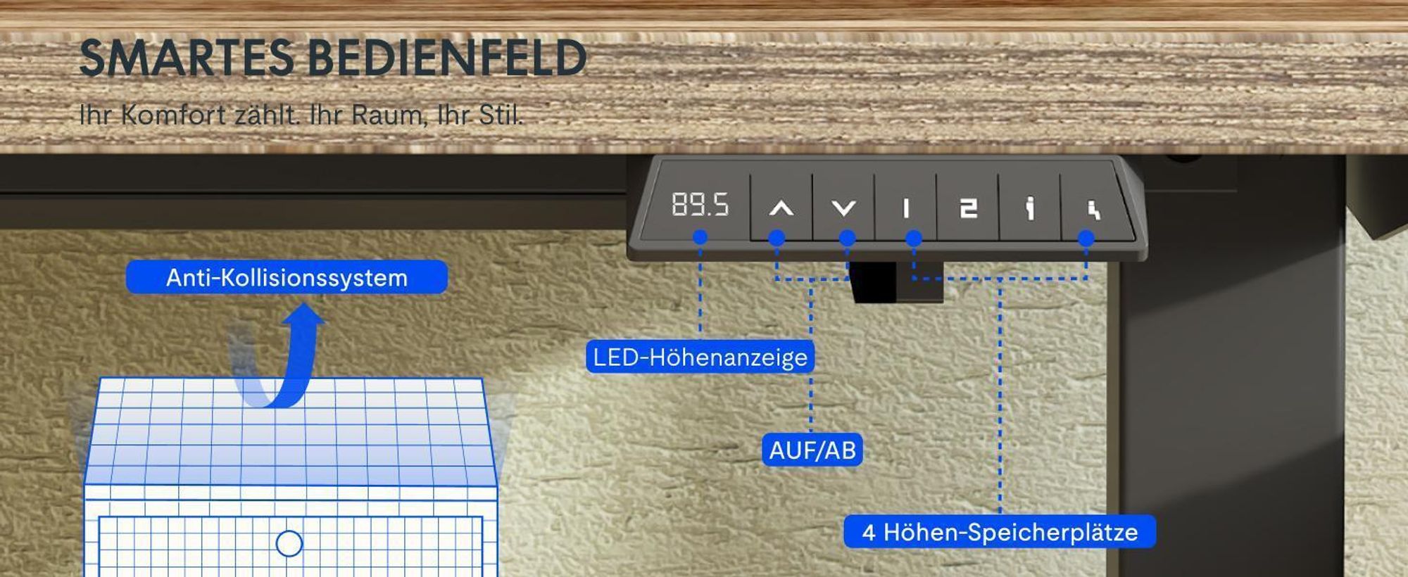 FLEXISPOT EN1 Höhenverstellbarer Schreibtisch 140x80cm, 100 kg Tragkraft, mit Anti-Kollisionsschutz,  Einteilige Tischplatte, 4 Memory-Funktion(Braun)