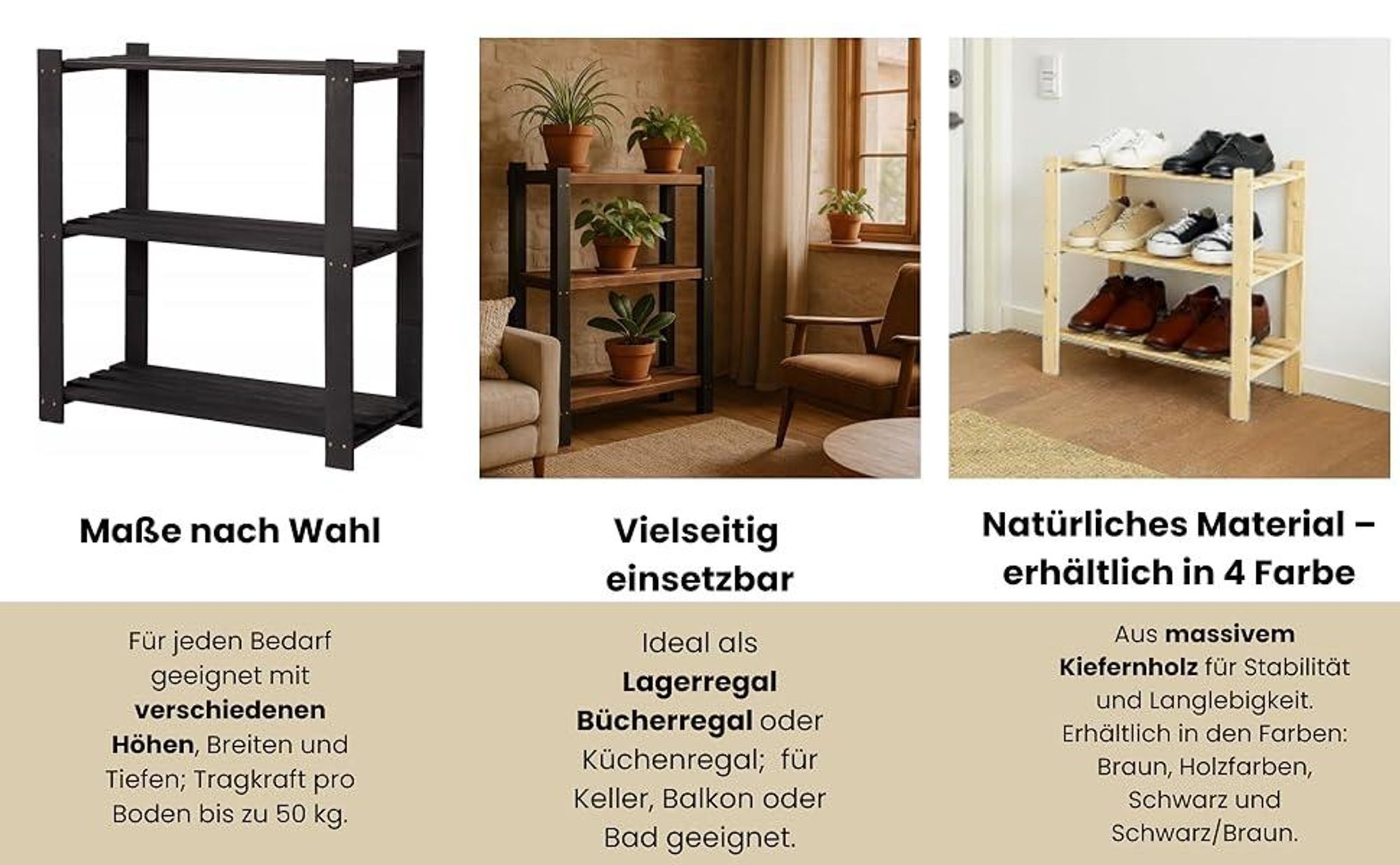 STOLMAK Schuhregale mit 3 Böden Massivholz Natur Kiefernholz 80x90x38 cm (BxHxT) Holzregal Schuhschrank Schuhablage