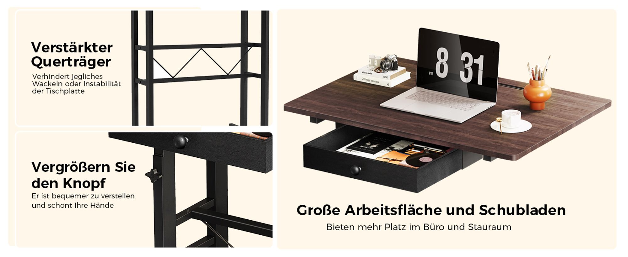 GTPLAYER Höhenverstellbarer Schreibtisch, Computertisch Laptoptisch mit Schubladen,Tisch höhenverstellbar 80 * 50*(73-115) cm Standing Desk mit Rollen