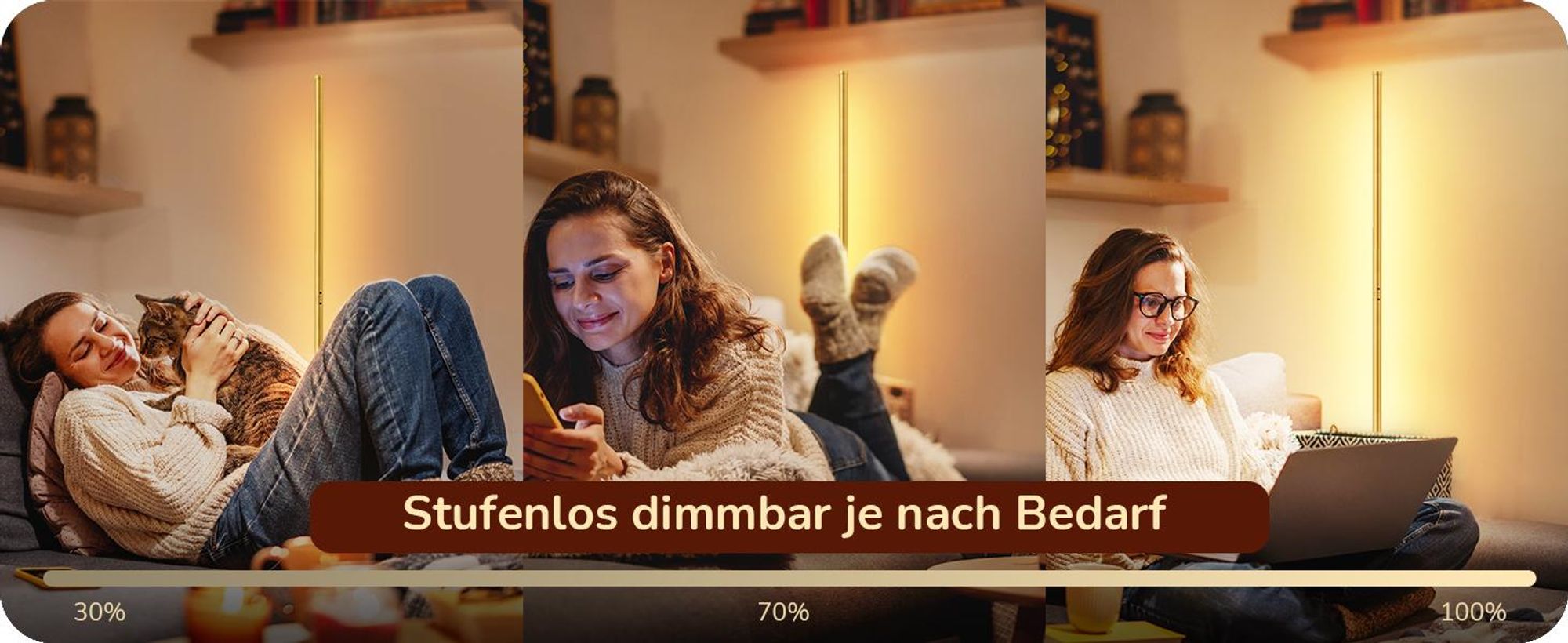 EDISHINE Stehlampe Wohnzimmer Dimmbar, LED Stehleuchte höhenverstellbar, Gold