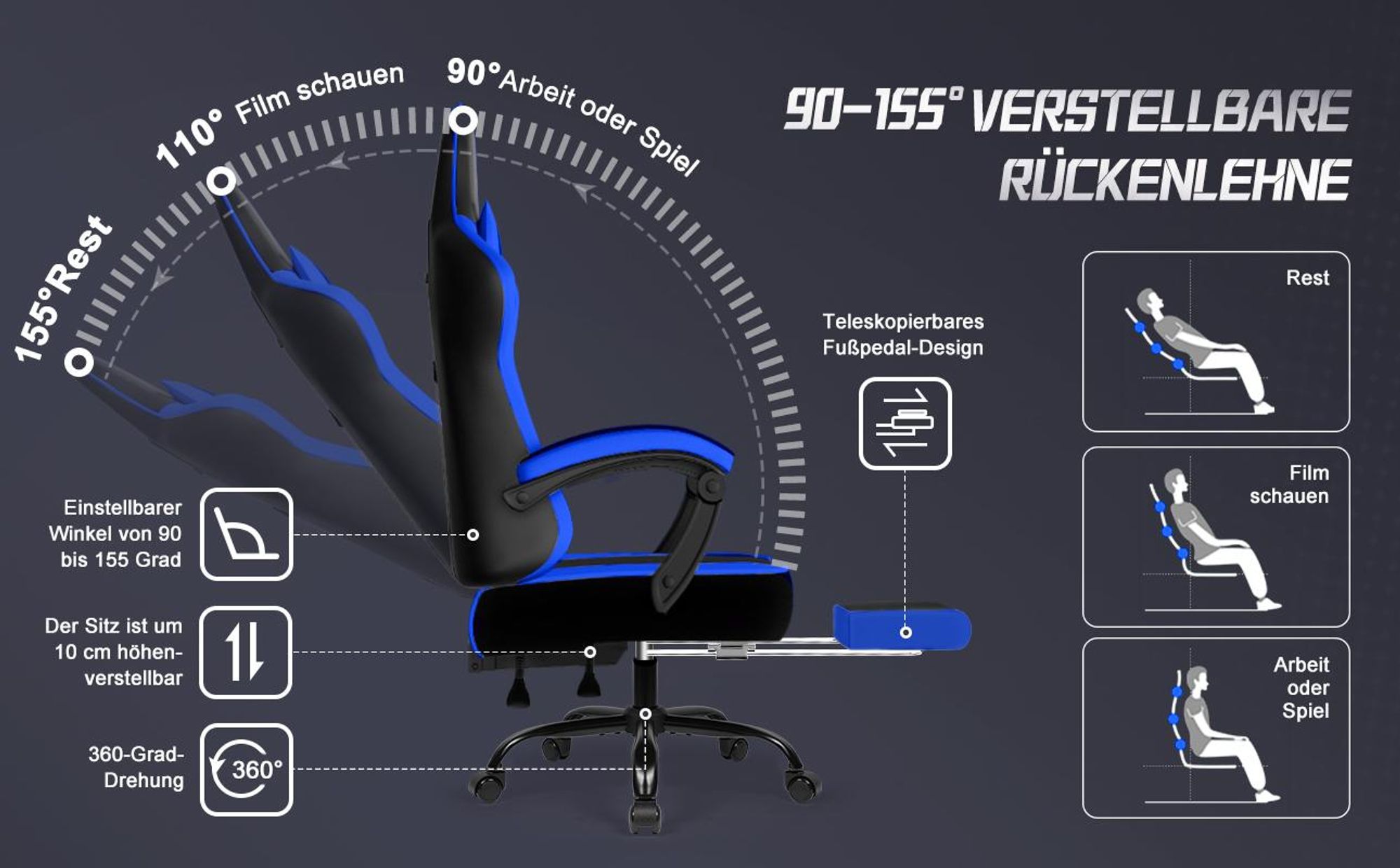 Adormii Gaming Stuhl, Ergonomischer Gaming Sessel, Schreibtischstuhl, Gamingstuhl mit Fußstütze, verstellbare Rückenlehne, Gaming stuhl 150 kg