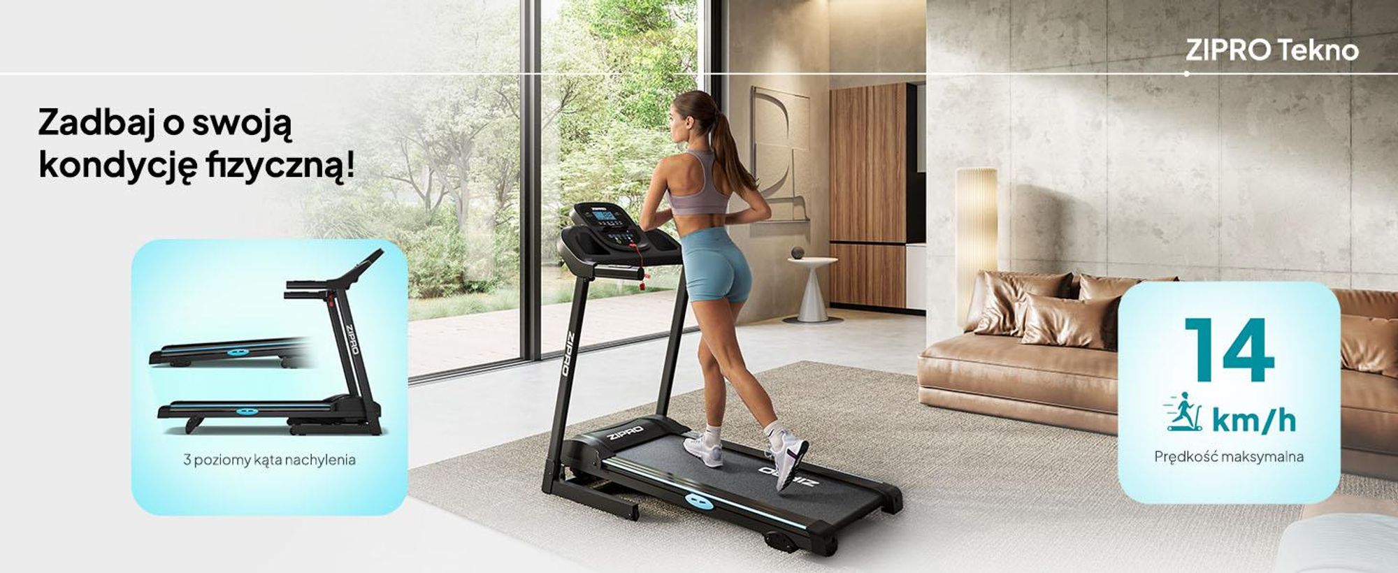 Bieżnia składana Zipro Tekno, cichy silnik elektryczny 1080 W, szeroka powierzchnia do biegania 40 cm Bieżnia do domu Składana z nachyleniem SportRun Running Sport