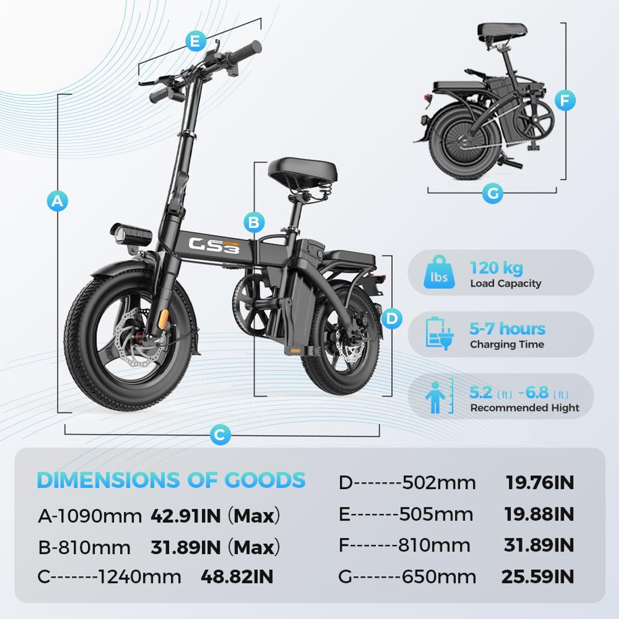 GS3 faltbares Elektrofahrrad für Erwachsene, 250W, 25 km/h, 48V 15Ah, abnehmbarer Akku, All-Terrain-Fettreifen, max. 120 kg Zuladung