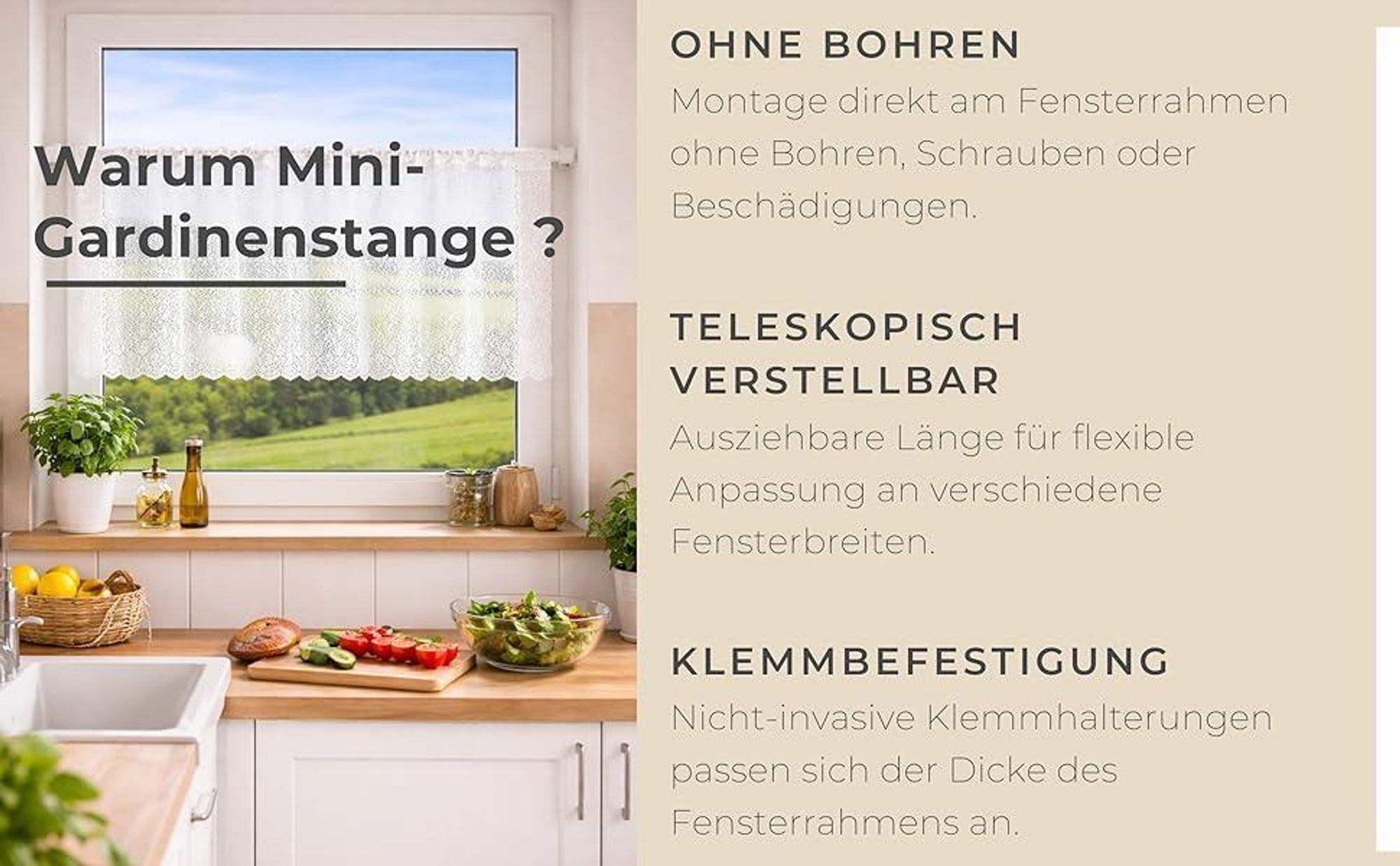 Mini Cafe Gardinenstange ohne Bohren Teleskopstange zum Klemmen 45-75 cm Weiß  Klemmstange für Fensterrahmen Ausziehbar Scheibengardinen
