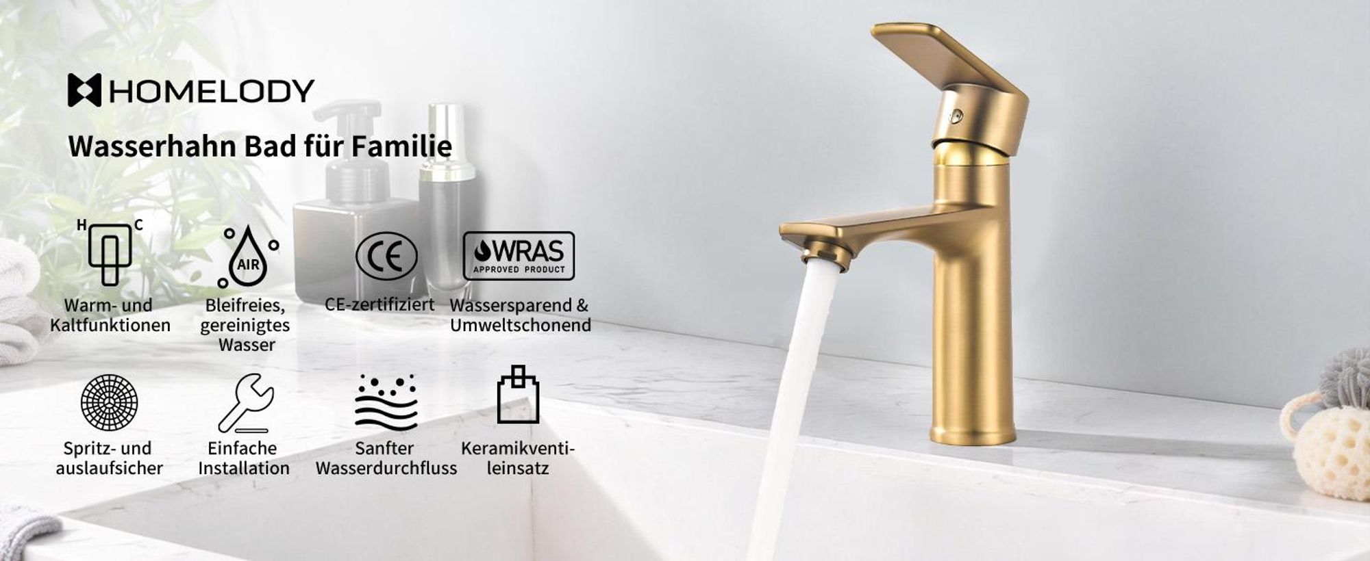 Homelody Wasserhahn bad, Mischbatterie Wasserhahn, Waschtischarmatur Einhebelmischer, Badarmatur waschbecken Spültischarmatur, Gebürstetes Gold