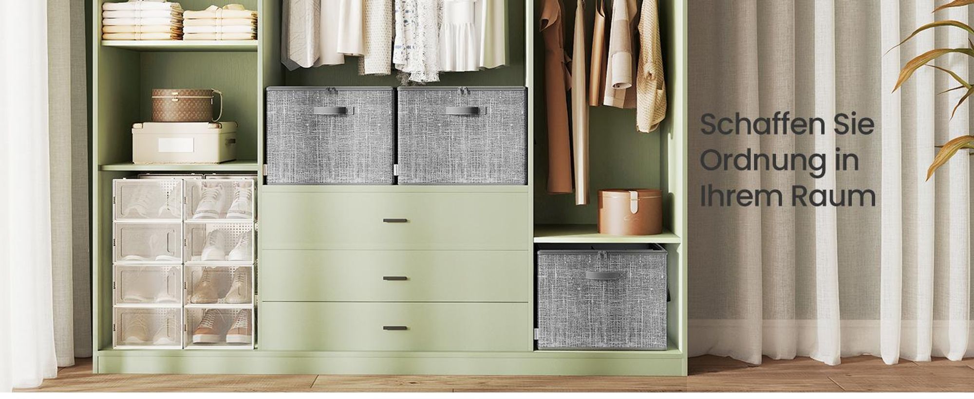 Schuh-Organizer, für bis zu 16 Paar Schuhe, Schuhaufbewahrung, Griffe, transparenter Deckel, für Schlafzimmer, schilfgrau