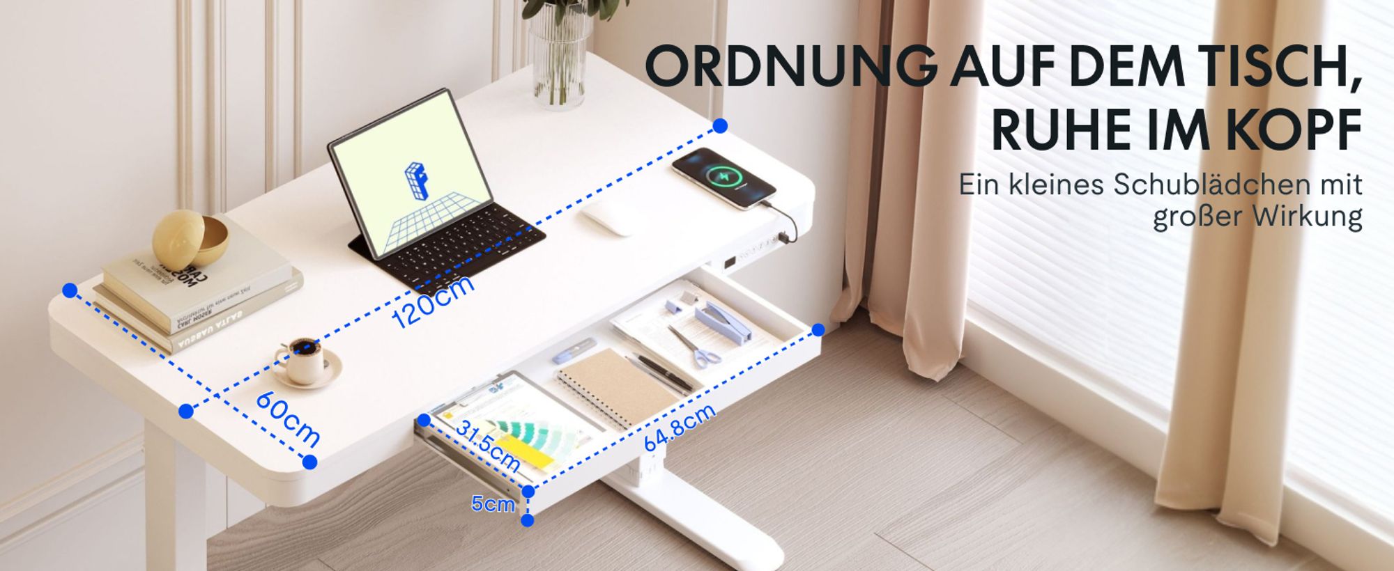 FLEXISPOT Q3 Höhenverstellbarer Schreibtisch Elektrisch mit Schublade, USB-C, 4 Speicherplätzen, Antikollisionsschutz, LED-Display 120x60cm (Weiß)