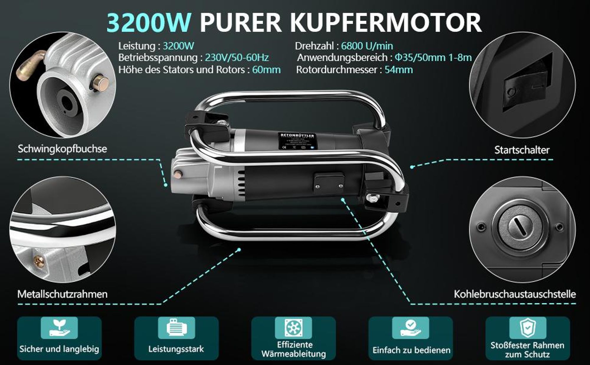 3200W 6800rpm Betonrüttler mit 50mm Schwingkopf, 6m Flexwelle Stoßfest Rahmen, Alu-Gehäuse, Betonvibrator Betonverdichter für Betonverdichtung