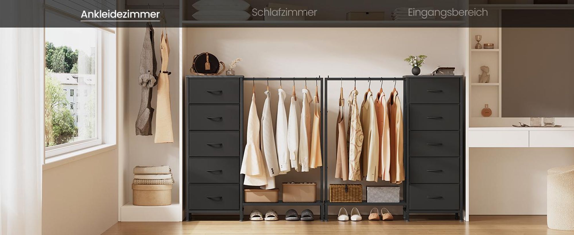 SONGMICS 3-in-1 Garderobenständer mit 5 Schubladen und Kleiderstange, 96,2 x 30 x 117,7 cm, Schwarz