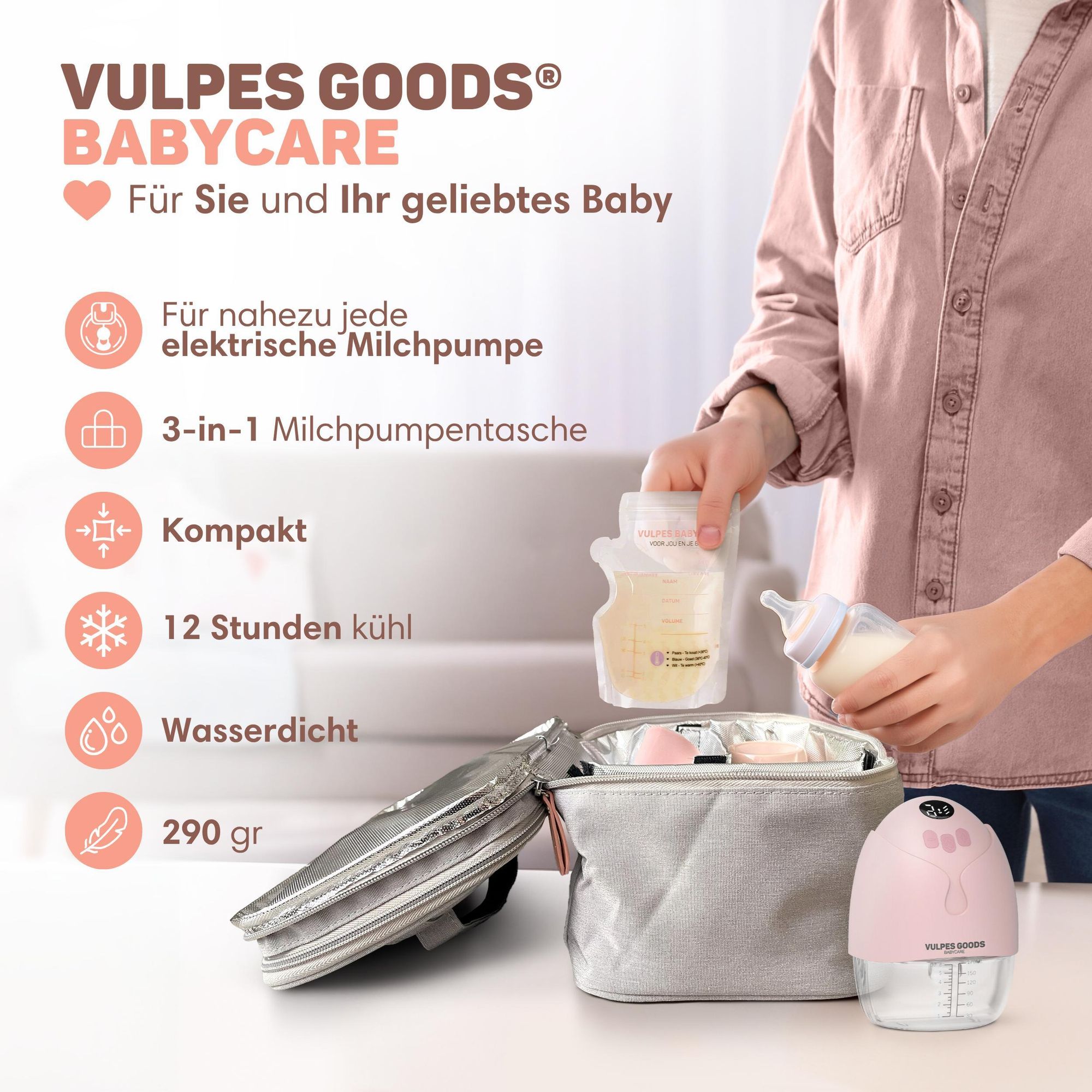 Vulpes Goods Kühltasche für Muttermilch & Babynahrung, Kühltasche mit Kühlakkus, Picknicktasche, Baby-Aufbewahrungstasche, hält bis zu 12 Stunden kühl