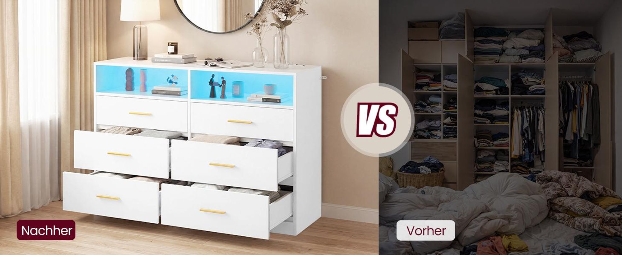 VASAGLE Kommode mit LED-Beleuchtung und Ladestation, 6 Schubladen, modern, Schlafzimmer Wohnzimmer, weiß