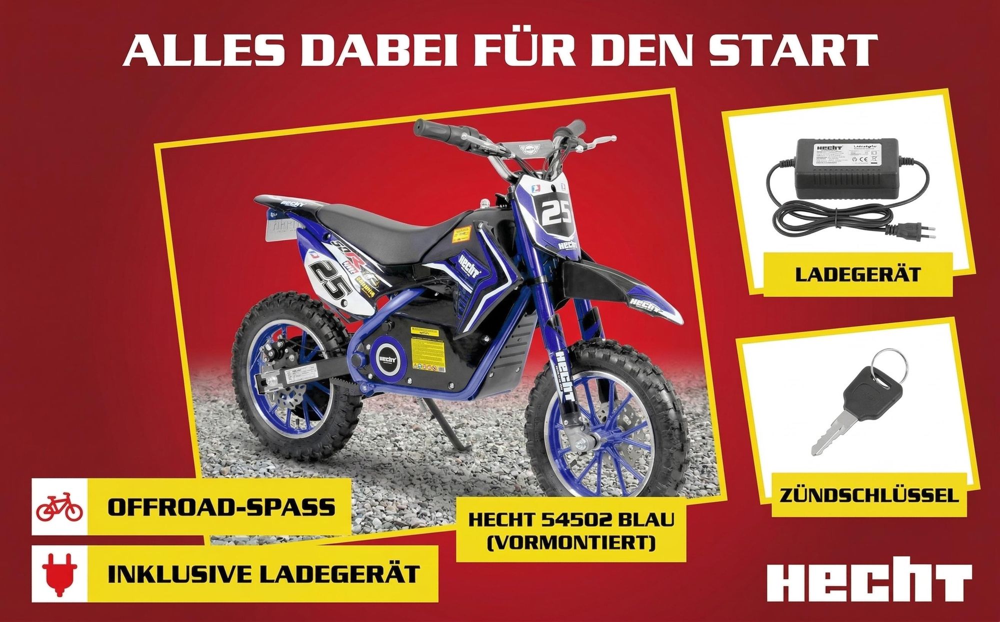 HECHT 54502 Elektro Pocketbike | Blau | bis 25km/h | 500W | bis 75kg | 36V | 8Ah Akku | 8-12h Ladezeit