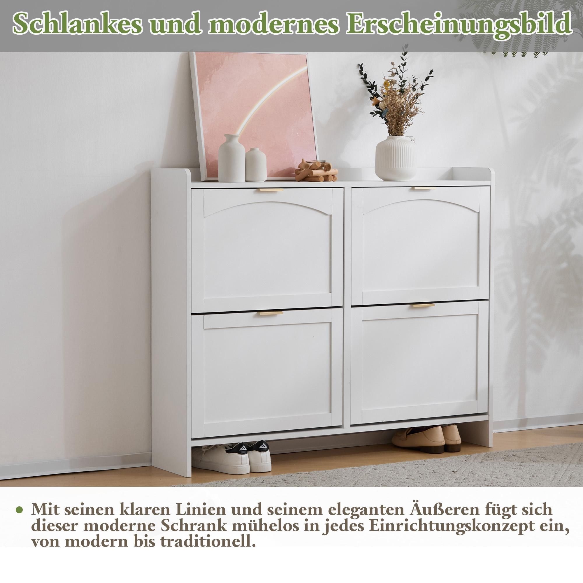Merax Schuhschrank Schuhregal mit 4 Klappenfächern, moderner Schuhkommode mit freistehendes Regal, Maße: B110/H90/T24 cm