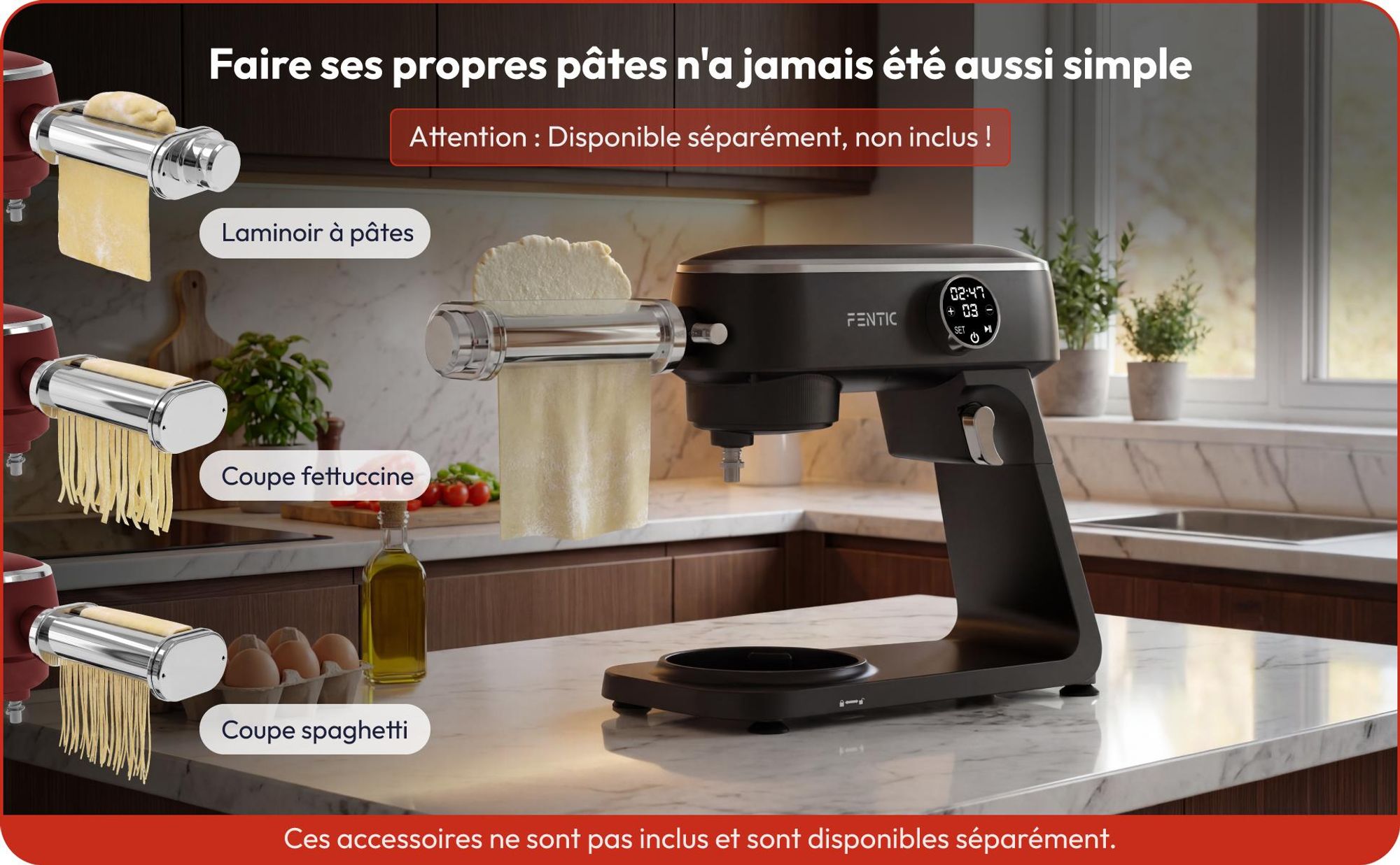 Fentic Robot pâtissier 1800W, Bol inox 7L, Pétrin pour pâte à pain & à pizza, Mouvement planétaire, 10 vitesses minuteur & pare-éclaboussures
