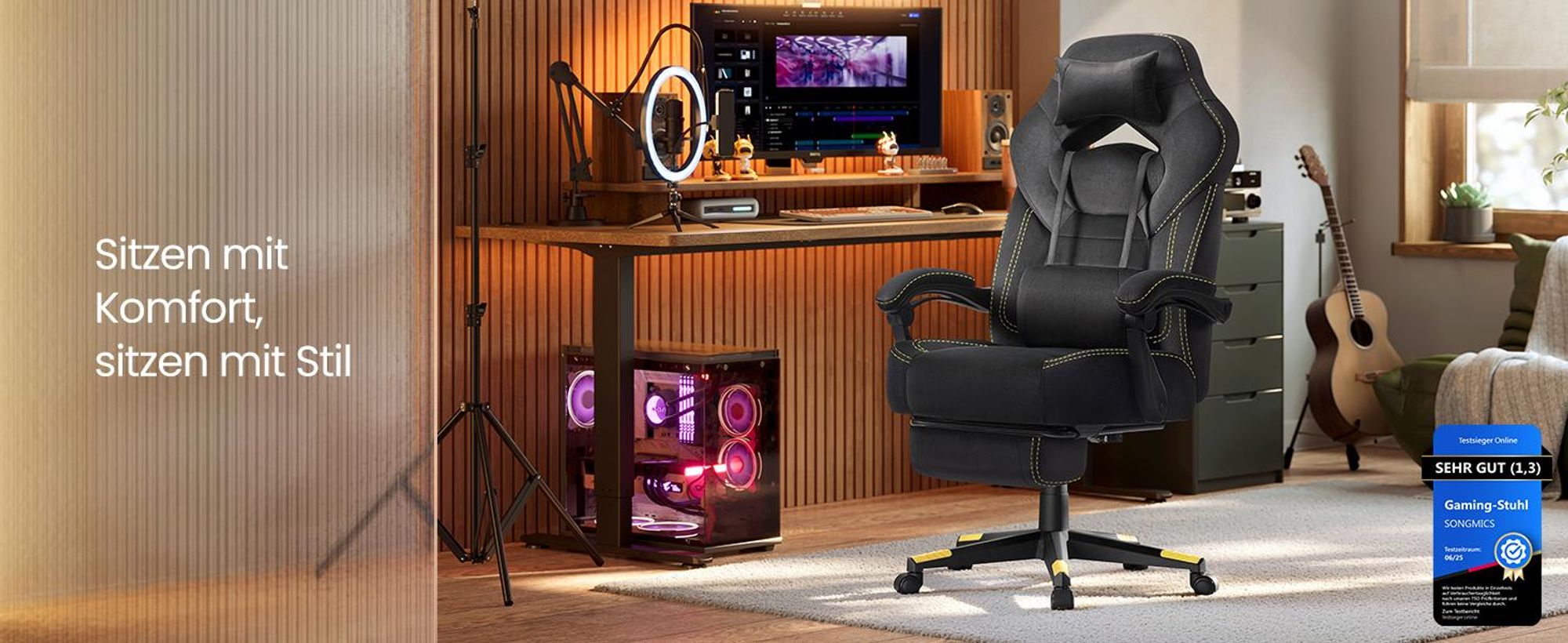 Gaming-Stuhl, ergonomischer Computerstuhl, Bürostuhl, mit Fußstütze, Kopfkissen, Lendenkissen, Oberfläche aus Samt