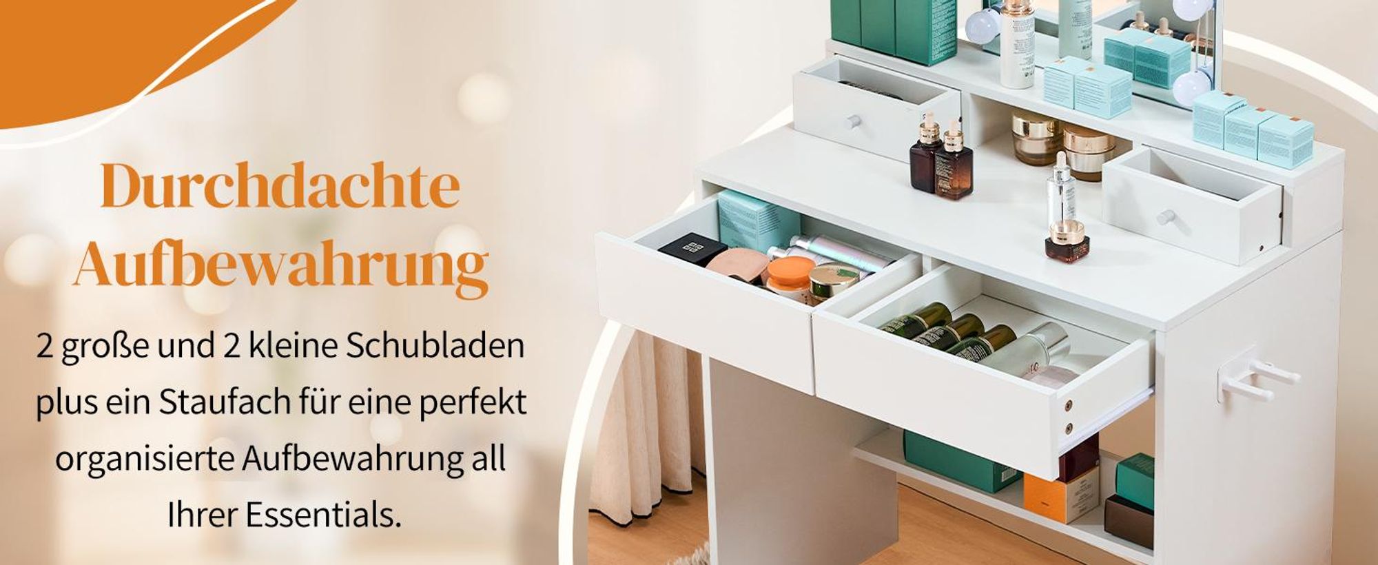 FCH Schminktisch mit LED-Beleuchtung dimmbare 3-farbige, Föhnhalter, weiß