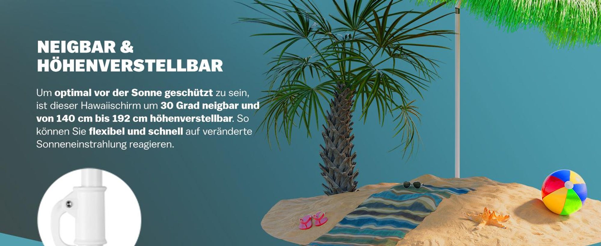 KINGSLEEVE® Sonnenschirm Hawaii Ø160cm Neigbar Höhenverstellbar UV Schutz 30+ Groß Rund Balkon Strand Strohschirm Strandschirm Bast Hawaiischirm Grün