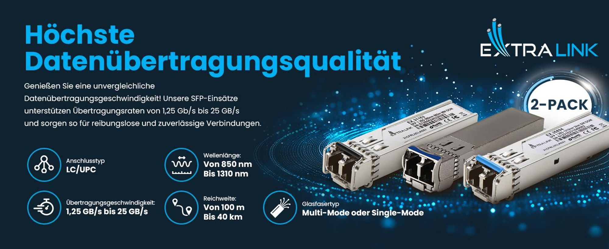 Extralink SFP 1,25G, SFP WDM Modul, 1.25 Gbps, 1310/1550 nm, Single Mode, 3 km, SC, DOM, Paar, dediziert für HP/Aruba