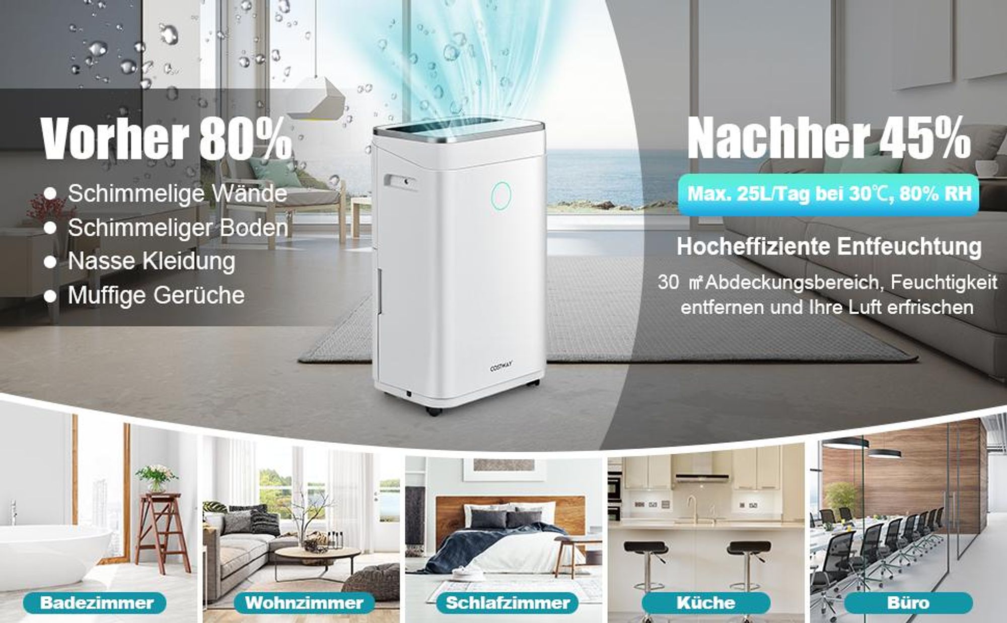COSTWAY 3in1 Luftentfeuchter 25L/Tag bis 30㎡, Entfeuchter inkl. 6,5L Wassertank, automatisch Entleerung, 24H Timer, Überlaufschutz, 42dB, Dehumidifier