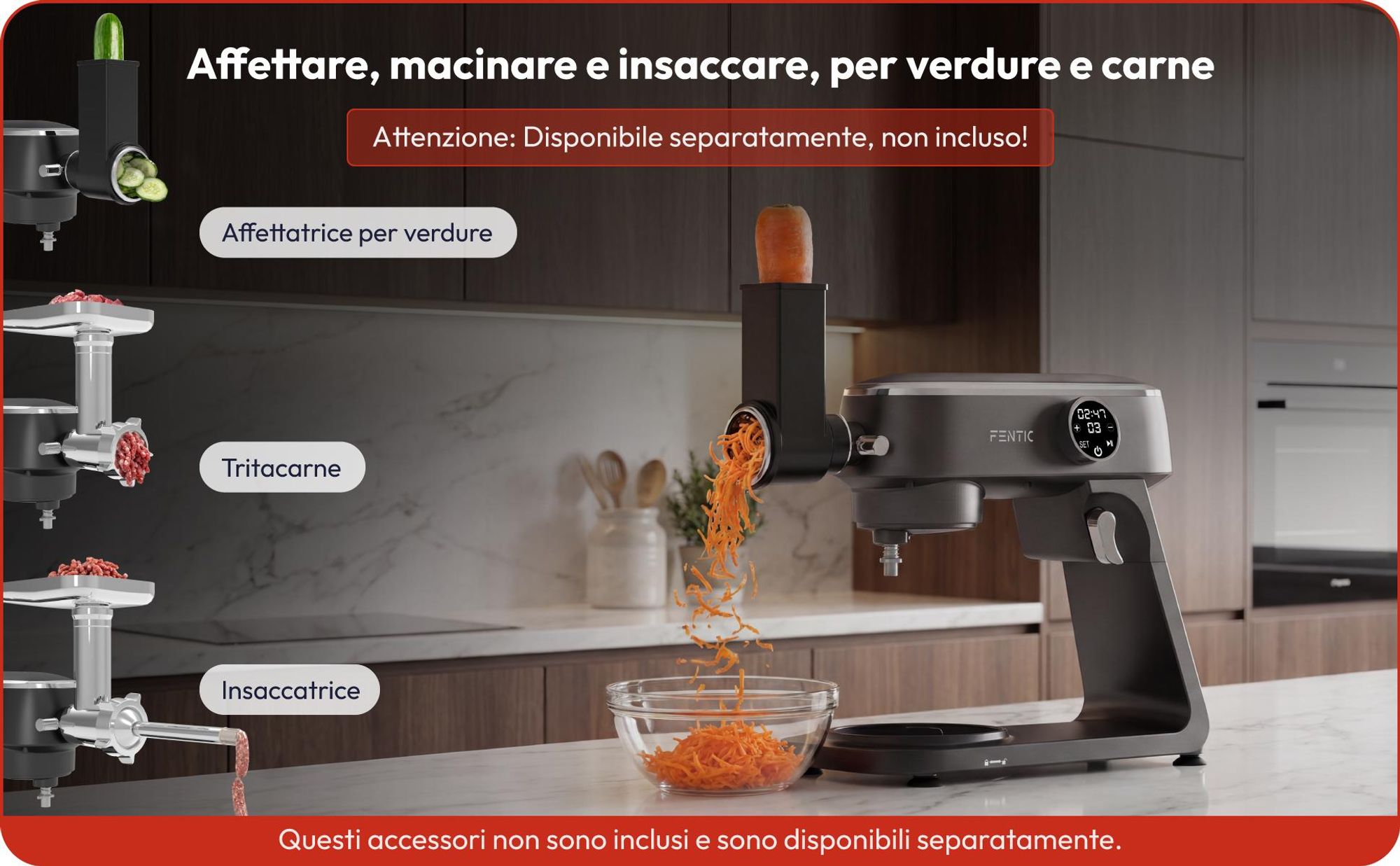 Fentic Impastatrice Planetaria 1800W, Ciotola Inox 7L, Robot da cucina per pane e pizza, 10 velocità con timer & Paraspruzzi
