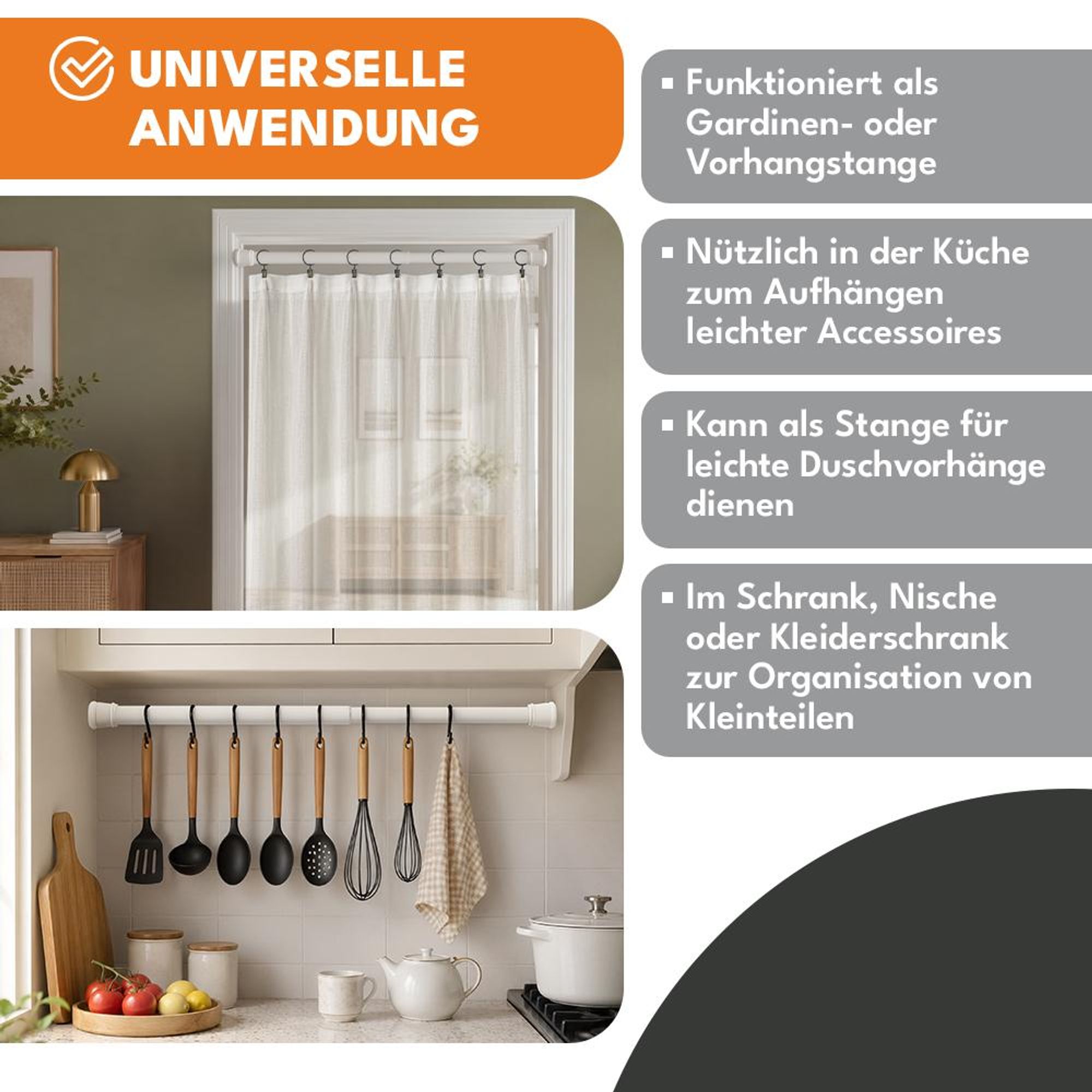 KRUMAD Klemmstange Vorhangstange ohne Bohren 70–130 cm, Teleskopstange Weiß für Gardinen, Dusche, Fenster & Raumteiler