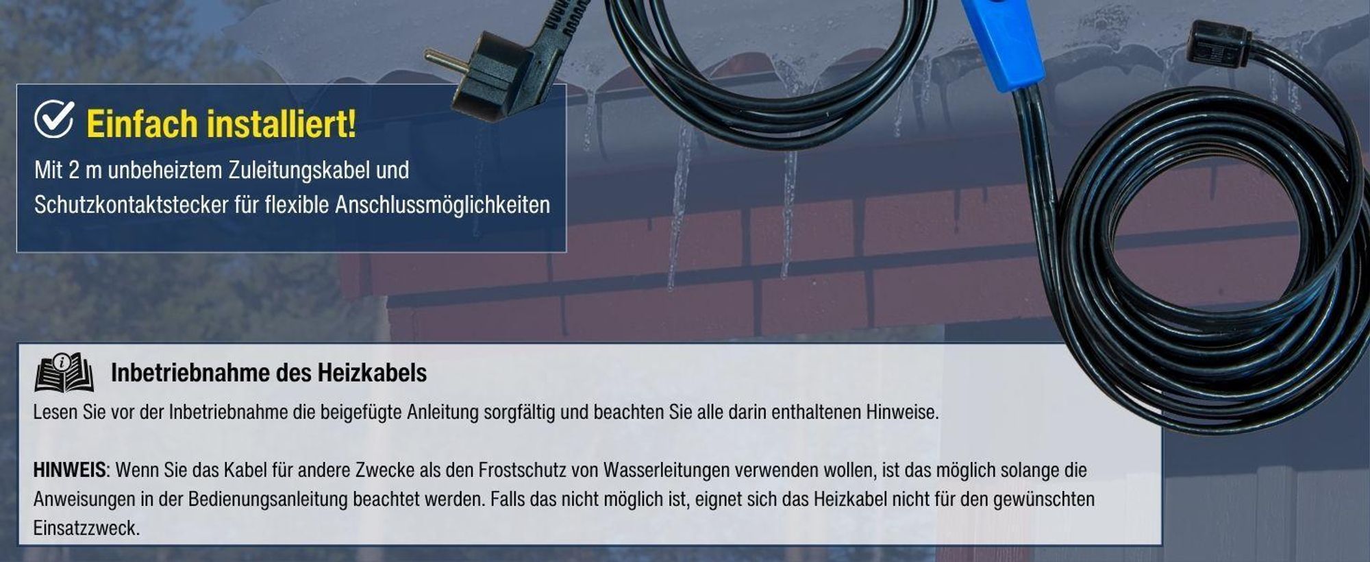 horizont Frostschutz-Heizkabel 230 V – 2 m - Heizband mit Thermostat für Wasserleitungen, frostfrei bis -45 °C