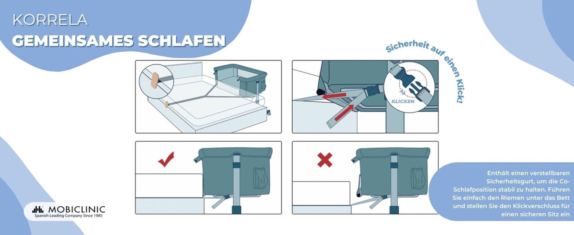 Babywiege 3 in 1, Babybett, Mobiclinic Wiege, Verstellbares Beistellbett, 87 x 58-66 x 81-76 cm, mit Rollen und Matratze, Höhenverstellbar in 3  Night