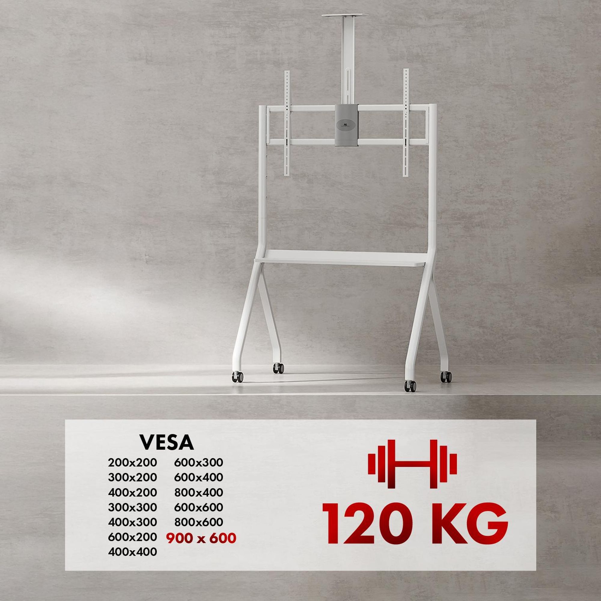 Maclean TV-Ständer/Wagen Kameraablage auf Rädern 55-100" max. Belastung 120kg/10kg Ablage max. VESA 900x600 weiß MC-114 W
