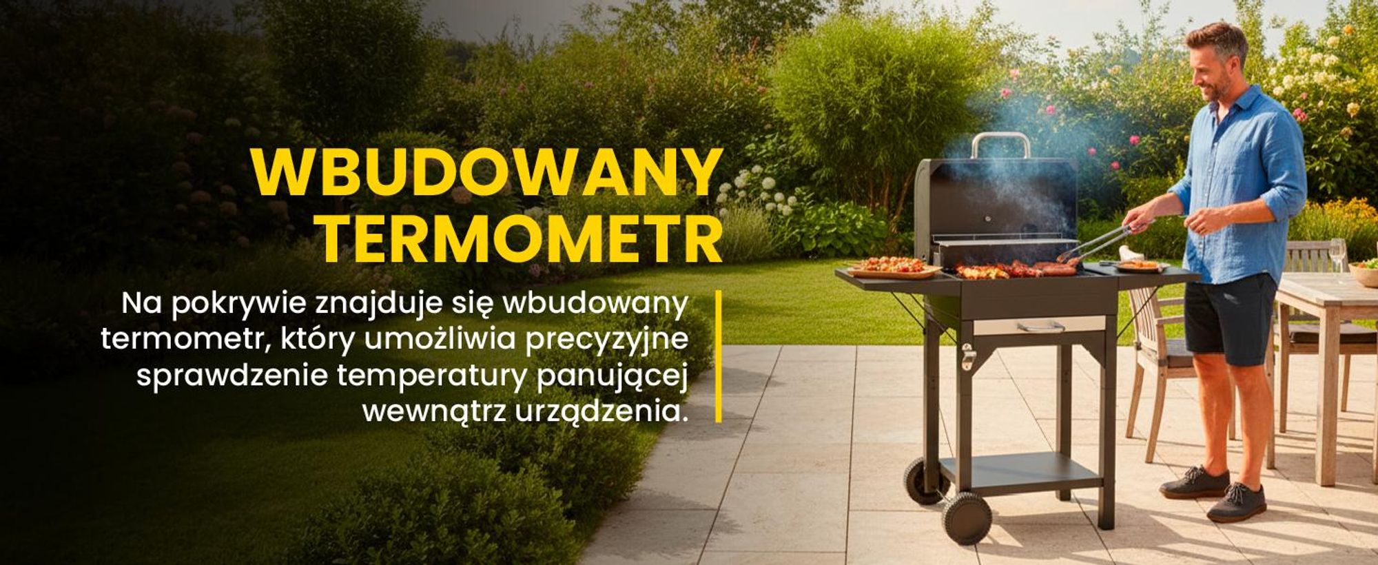 Duży grill węglowy z pokrywą, kominem i termometrem do ogrodu