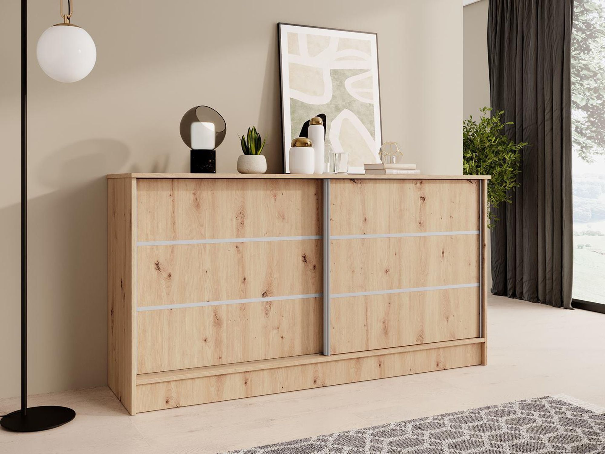 BEAUTYSOFA | Komoda MIRELA 160 cm, dub Artisan, příborník se 2 posuvnými dvířky, moderní design, úložná skříňka s velkým úložným prostorem