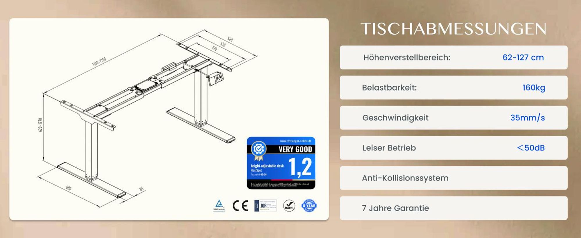 FLEXISPOT EC5 Pro Höhenverstellbarer Schreibtisch Elektrisch Tischgestell 160KG Tragkraft, 2 starke Motoren, Piano-Tasten-Design USB-Anschluss Schwarz