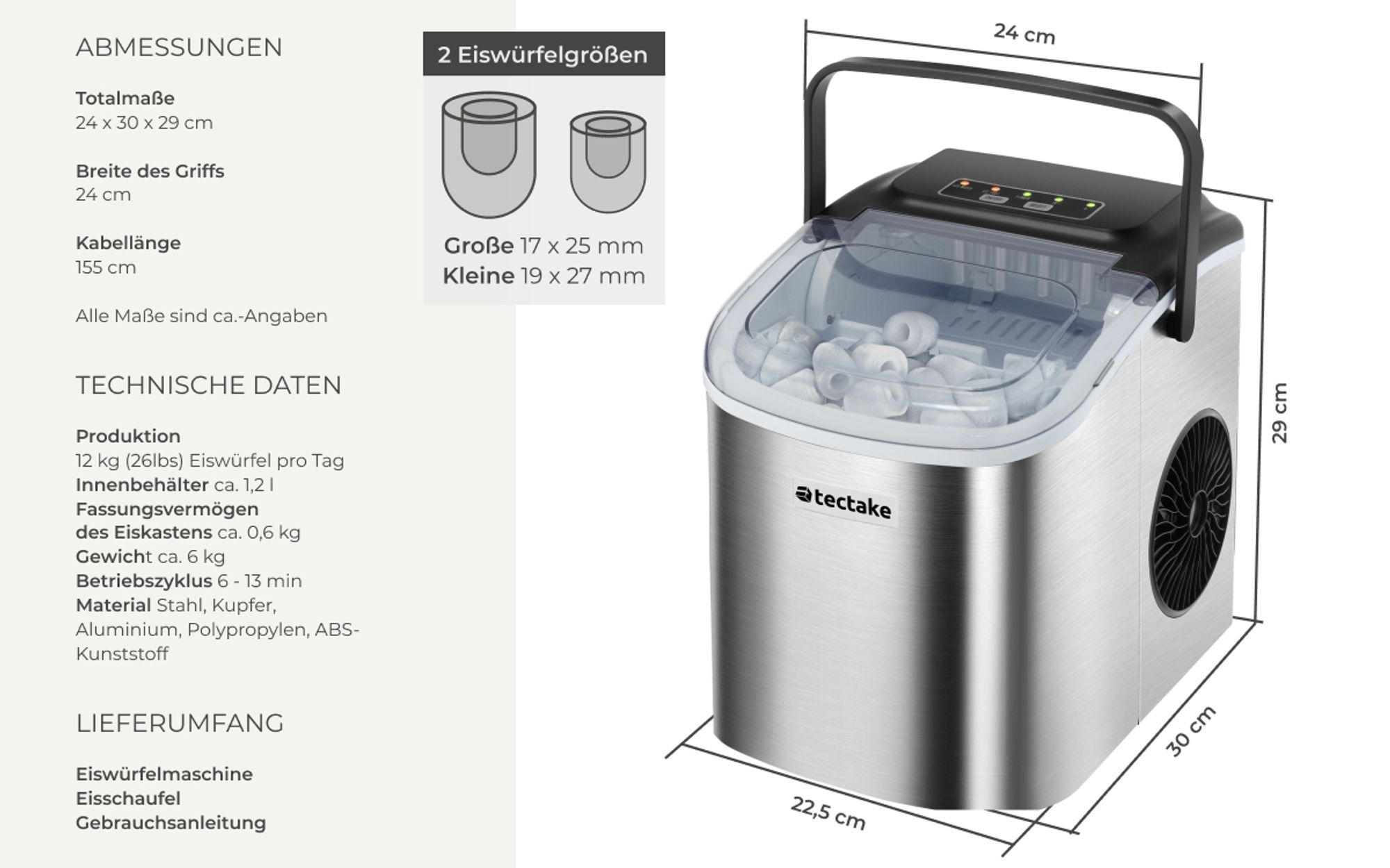 tectake® Eiswürfelmaschine Arctic 1,2 l Wassertank, 2 Eiswürfelgrößen