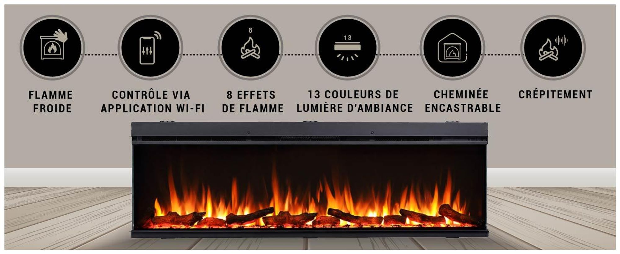 Cheminée électrique encastrable BALDERIA Athena 60 – Puissance de chauffage jusqu'à 1 500 W, noire