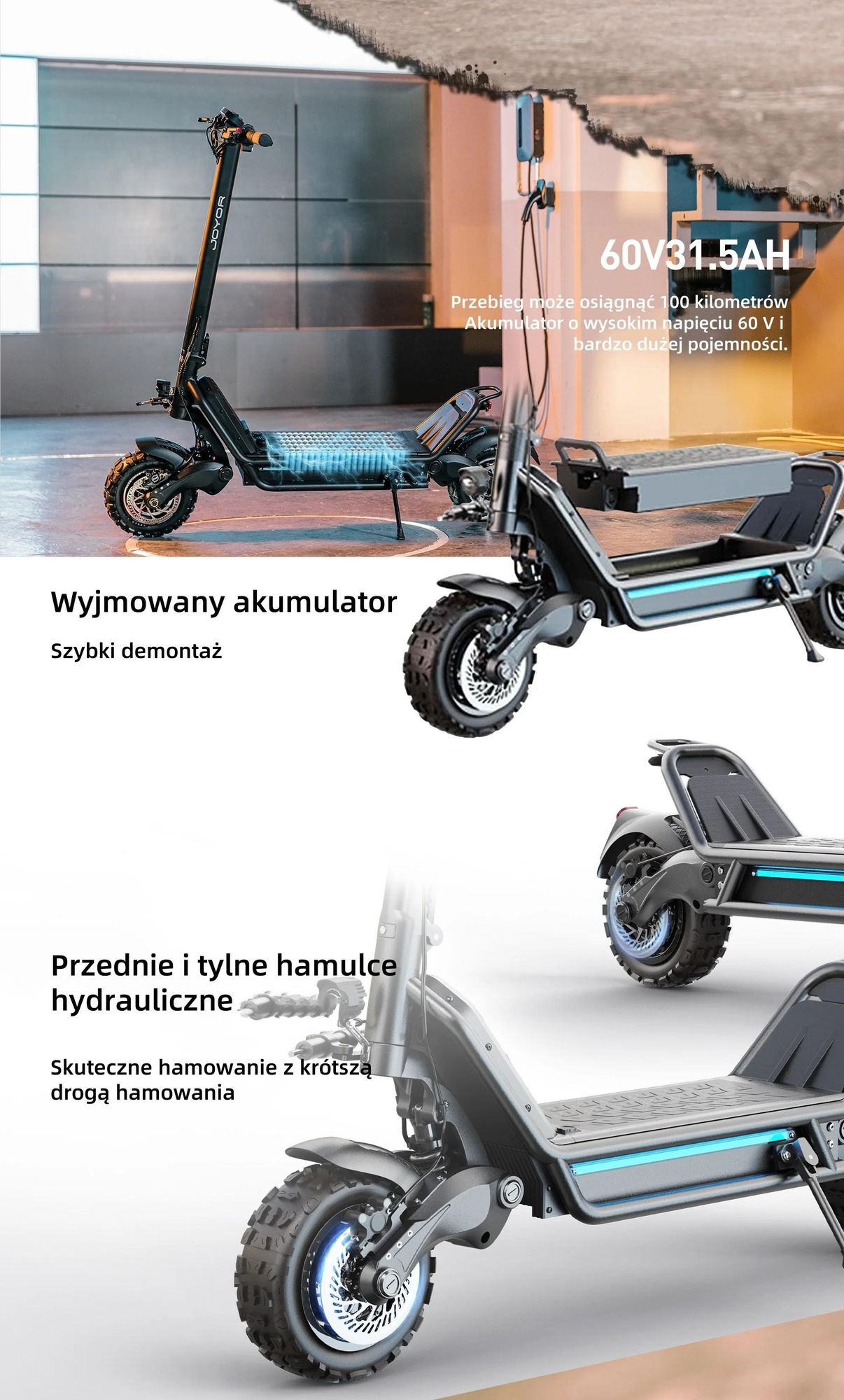Skuter elektryczny JOYOR E6-S - 1600W*2 Silnik 60V31.5AH Akumulator 85KM Zasięg Hamulec tarczowy - Czarny