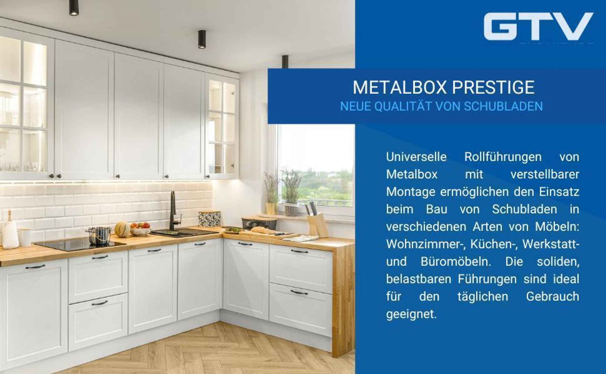 GTV, Metalbox PRESTIGE Schubladensystem, h=54mm l=500 mm, Grau, Führungssystem, Rollenführungen mit verstellbarer Befestigung