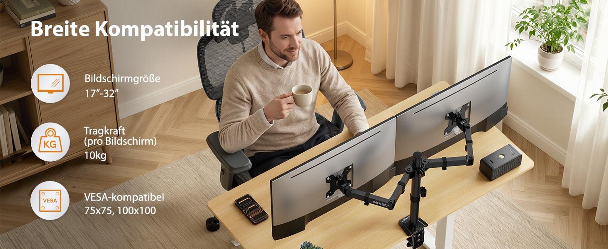 SENSE7 HANG LIGHT DOUBLE Dual Monitor Halterung 17-32 Zoll VESA 2x9kg Pivot Gasfeder Schreibtisch 2 Bildschirme Schwarz Ergonomisch