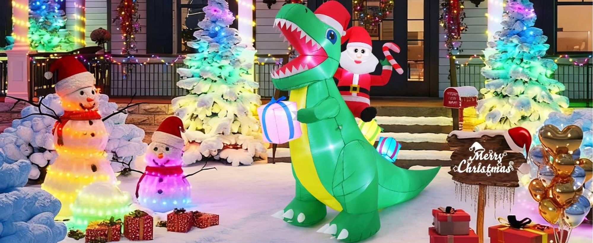 213cm Aufblasbarer Weihnachtsmann auf Dinosaurier mit LED-Lichtern - Lustige Garten-Weihnachtsdeko für Außenbereich