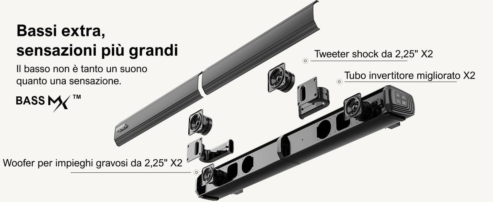 Soundbar ULTIMEA per televisori, soundbar 2-in-1 divisibile da 100 W con Bluetooth® 5.3, altoparlanti TV con 3 modalità EQ e bassi regolabili, ARC/Ottico/Aux